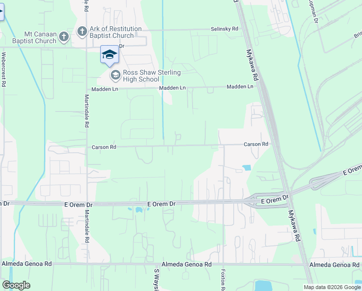 map of restaurants, bars, coffee shops, grocery stores, and more near 6402 Carson Road in Houston