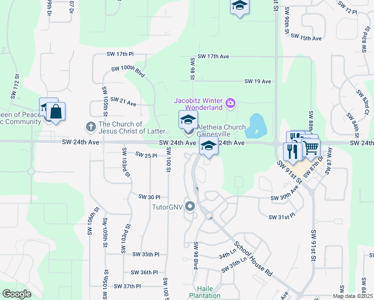 map of restaurants, bars, coffee shops, grocery stores, and more near 2414 Southwest 98th Drive in Gainesville