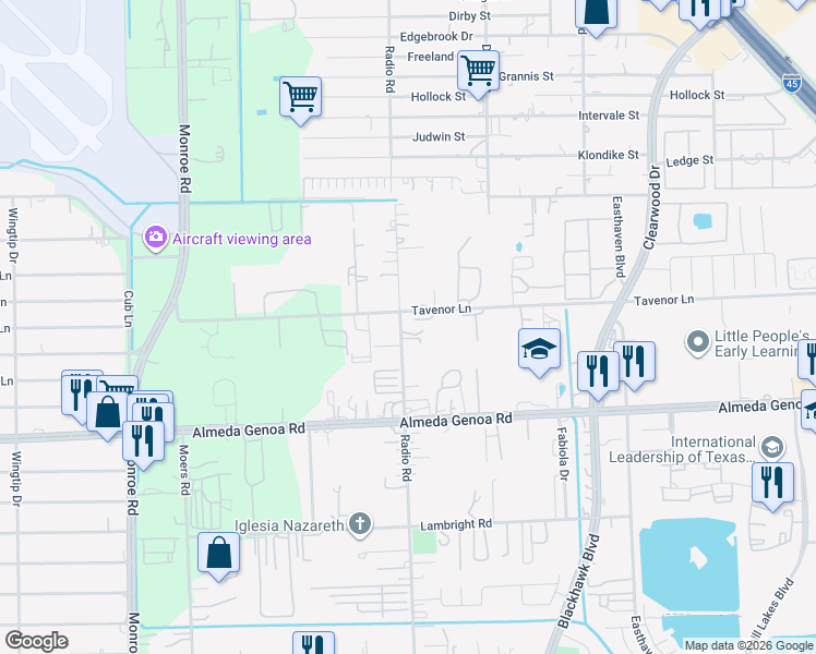 map of restaurants, bars, coffee shops, grocery stores, and more near 9525 Radio Road in Houston