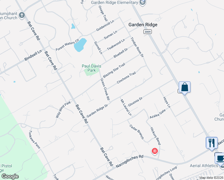 map of restaurants, bars, coffee shops, grocery stores, and more near 9250 Cinchona Trail in Garden Ridge