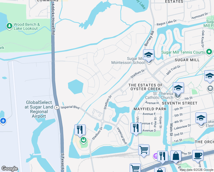 map of restaurants, bars, coffee shops, grocery stores, and more near 6 Chalice Trail in Sugar Land