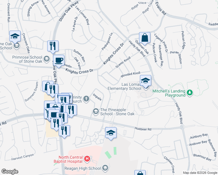 map of restaurants, bars, coffee shops, grocery stores, and more near 1007 Silver Knoll in San Antonio