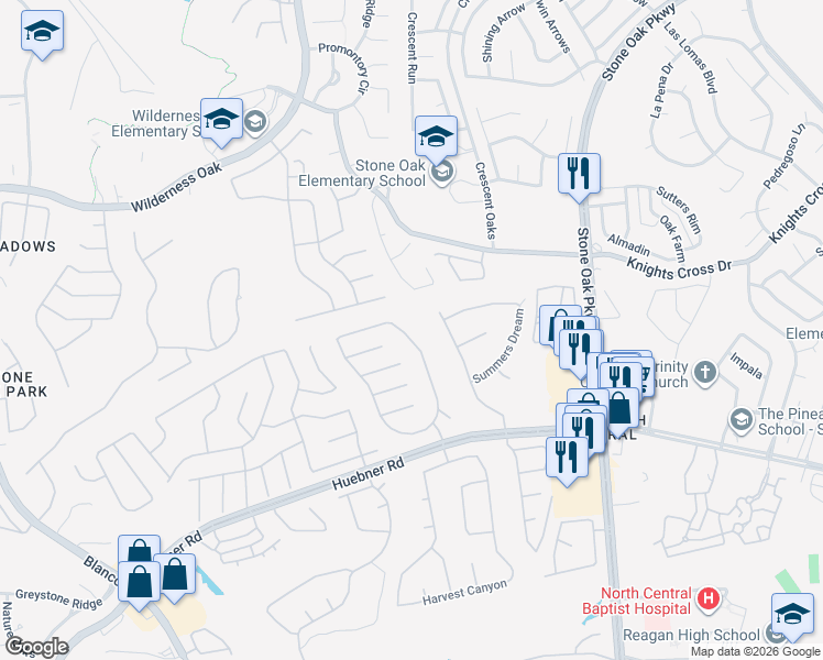 map of restaurants, bars, coffee shops, grocery stores, and more near 19506 Gran Roble in San Antonio