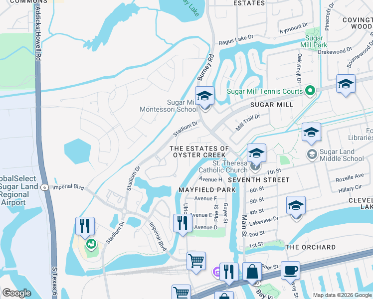 map of restaurants, bars, coffee shops, grocery stores, and more near 923 Poydras Street in Sugar Land