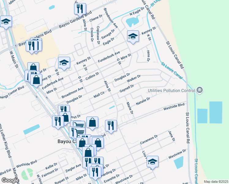 map of restaurants, bars, coffee shops, grocery stores, and more near 405 Gaynell Drive in Houma
