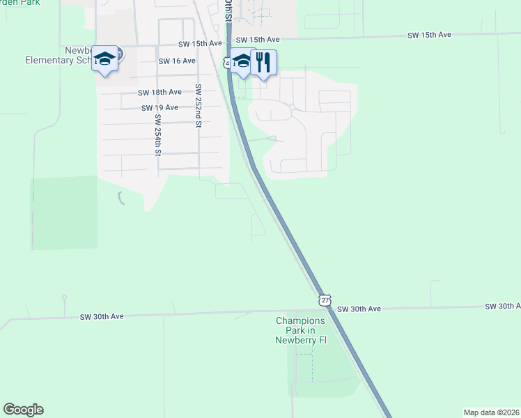 map of restaurants, bars, coffee shops, grocery stores, and more near 2410 Southwest 250th Drive in Newberry
