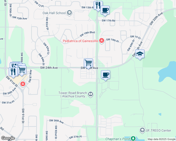 map of restaurants, bars, coffee shops, grocery stores, and more near 2555 Southwest 76th Street in Gainesville