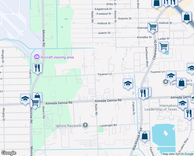 map of restaurants, bars, coffee shops, grocery stores, and more near 9525 Radio Road in Houston