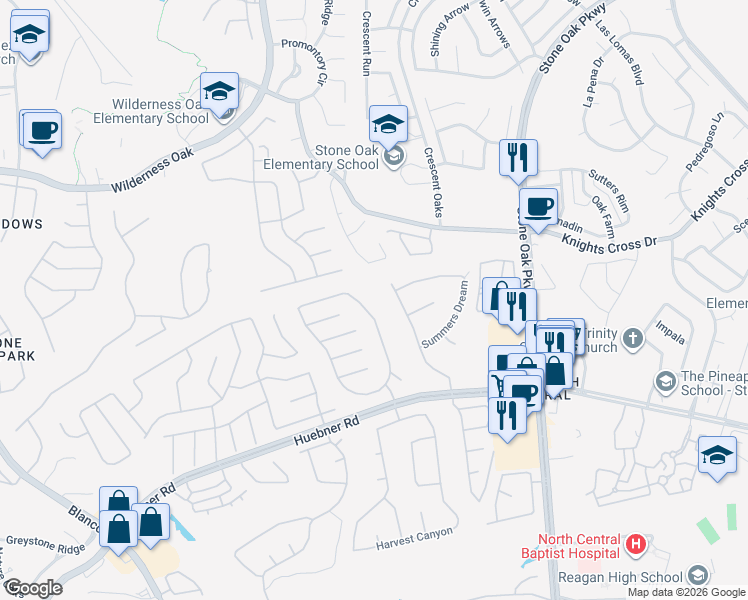 map of restaurants, bars, coffee shops, grocery stores, and more near 19506 Gran Roble in San Antonio