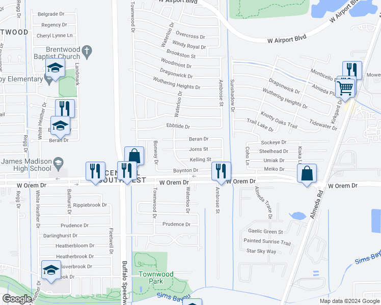 map of restaurants, bars, coffee shops, grocery stores, and more near 3227 Jorns Street in Houston