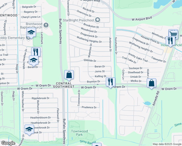 map of restaurants, bars, coffee shops, grocery stores, and more near 3255 Jorns Street in Houston