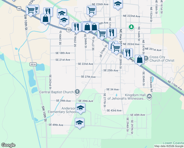 map of restaurants, bars, coffee shops, grocery stores, and more near 412 County Road 351 in Cross City
