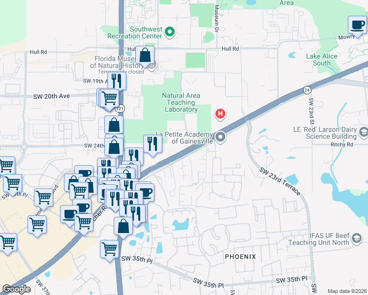 map of restaurants, bars, coffee shops, grocery stores, and more near Southwest Archer Road in Gainesville