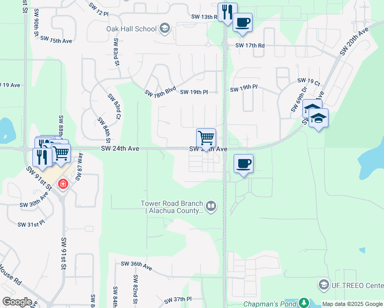 map of restaurants, bars, coffee shops, grocery stores, and more near 7671 Southwest 25th Avenue in Gainesville
