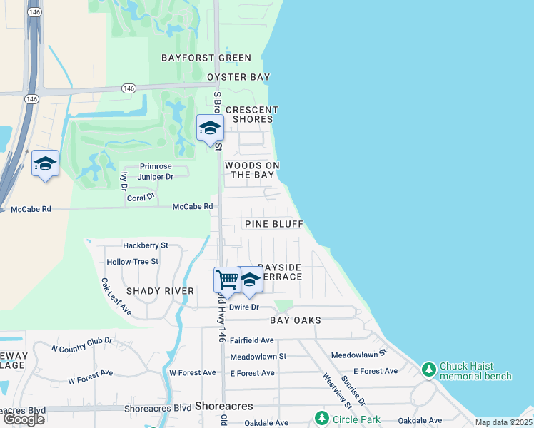 map of restaurants, bars, coffee shops, grocery stores, and more near 134 Bayshore Drive in La Porte