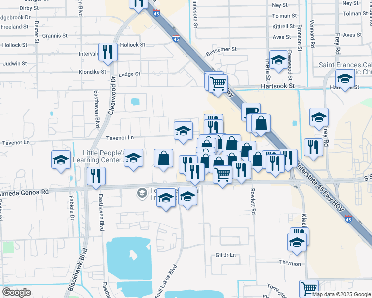 map of restaurants, bars, coffee shops, grocery stores, and more near 9604 Minnesota Street in Houston