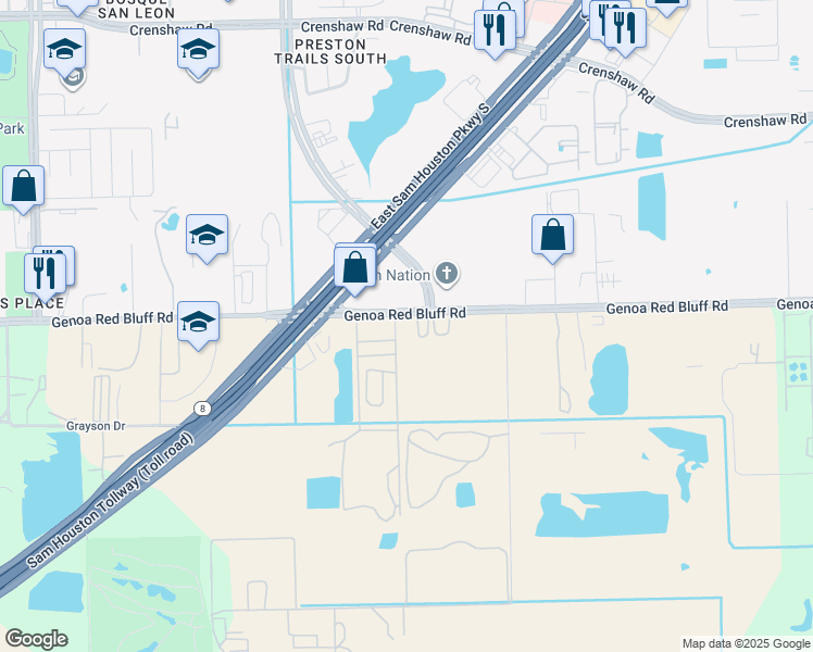 map of restaurants, bars, coffee shops, grocery stores, and more near 2090 Genoa Red Bluff Road in Houston
