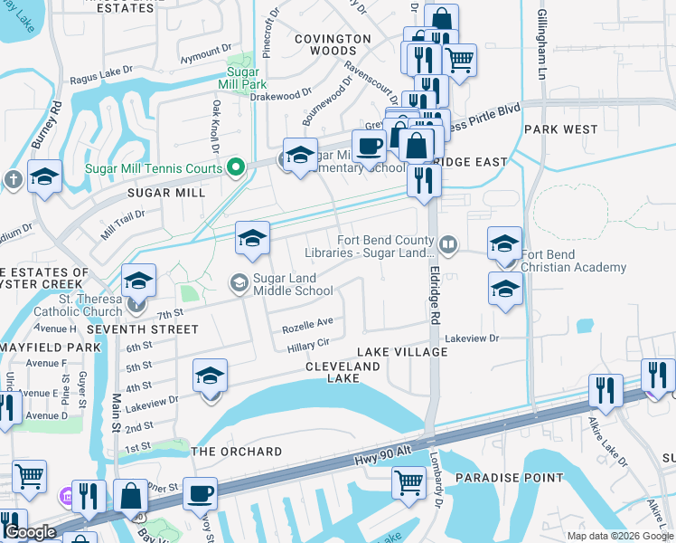 map of restaurants, bars, coffee shops, grocery stores, and more near 627 Rolling Mill Drive in Sugar Land