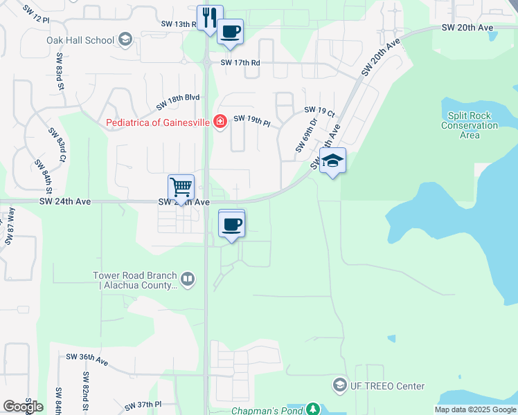 map of restaurants, bars, coffee shops, grocery stores, and more near 7207 Southwest 24th Avenue in Gainesville