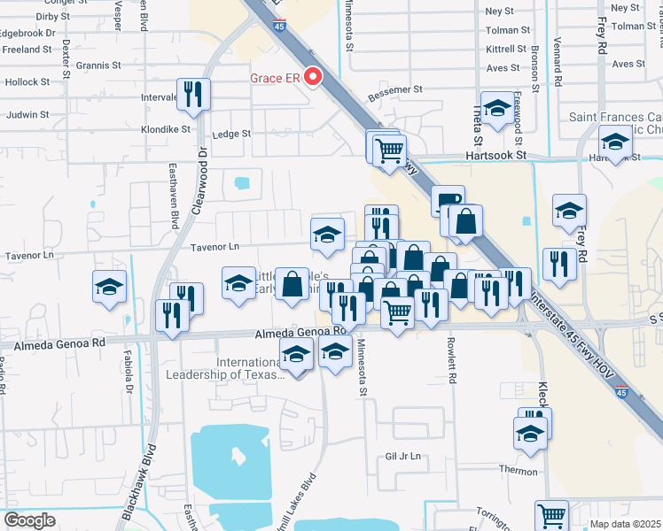 map of restaurants, bars, coffee shops, grocery stores, and more near 9604 Minnesota Street in Houston