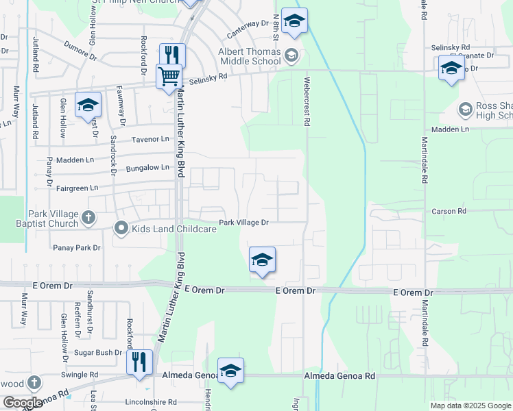 map of restaurants, bars, coffee shops, grocery stores, and more near 5627 Park Village Drive in Houston