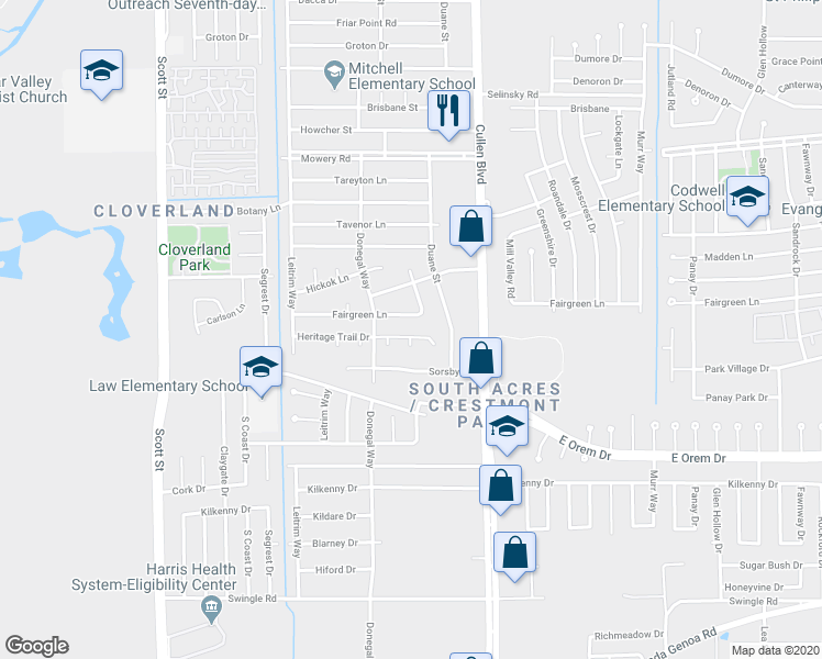 map of restaurants, bars, coffee shops, grocery stores, and more near 4422 Heritage Trail Drive in Houston