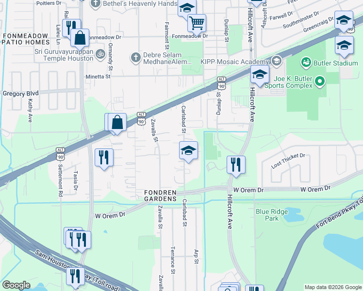 map of restaurants, bars, coffee shops, grocery stores, and more near 12247 Carlsbad Street in Houston