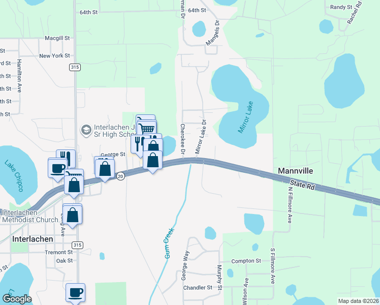 map of restaurants, bars, coffee shops, grocery stores, and more near 1095 Florida 20 in Interlachen