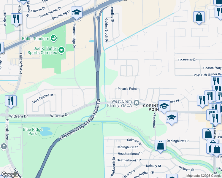 map of restaurants, bars, coffee shops, grocery stores, and more near 13510 Sherman Oaks Drive in Houston