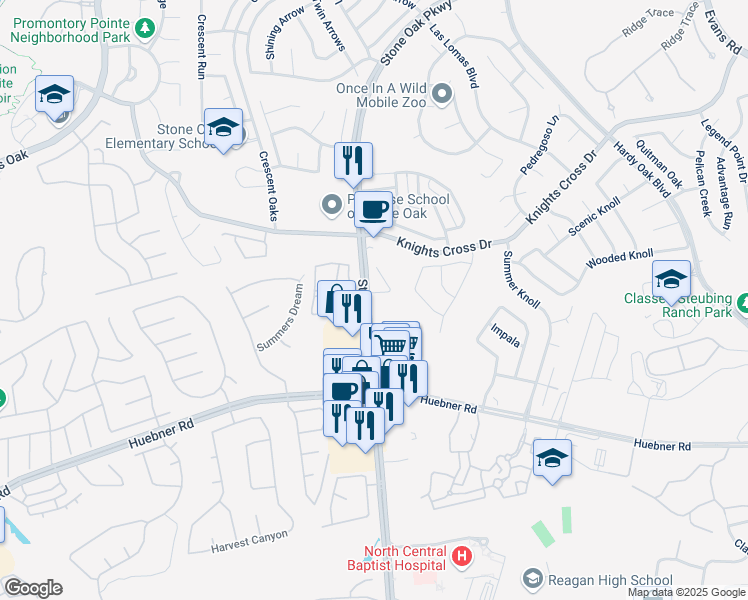 map of restaurants, bars, coffee shops, grocery stores, and more near 1314 Greystone Ridge in San Antonio