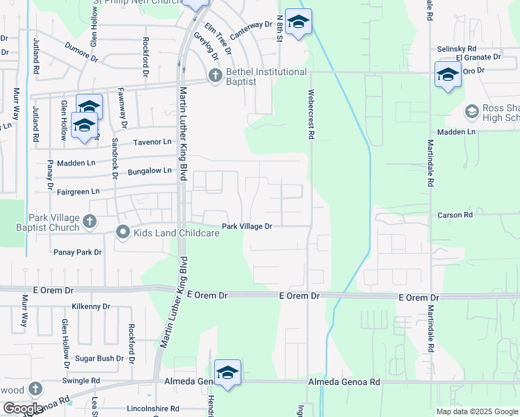 map of restaurants, bars, coffee shops, grocery stores, and more near 5627 Park Village Drive in Houston