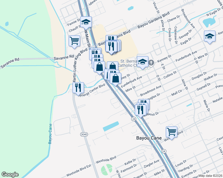 map of restaurants, bars, coffee shops, grocery stores, and more near 101 Tecon Court in Houma