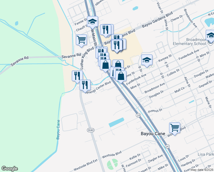 map of restaurants, bars, coffee shops, grocery stores, and more near 137 Synergy Center Boulevard in Houma