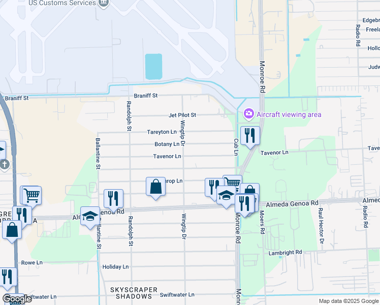 map of restaurants, bars, coffee shops, grocery stores, and more near 8305 Botany Lane in Houston