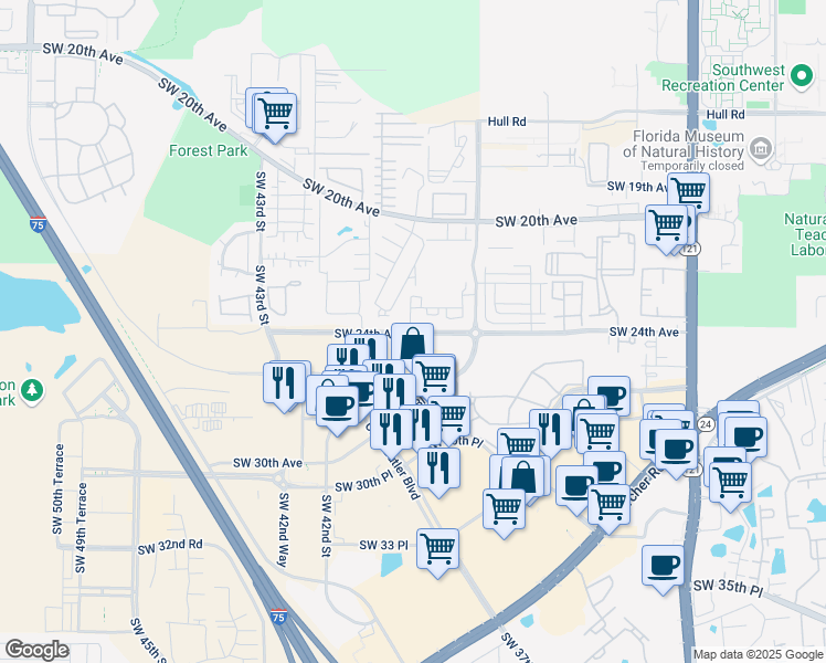 map of restaurants, bars, coffee shops, grocery stores, and more near 3940 Southwest 24th Avenue in Gainesville