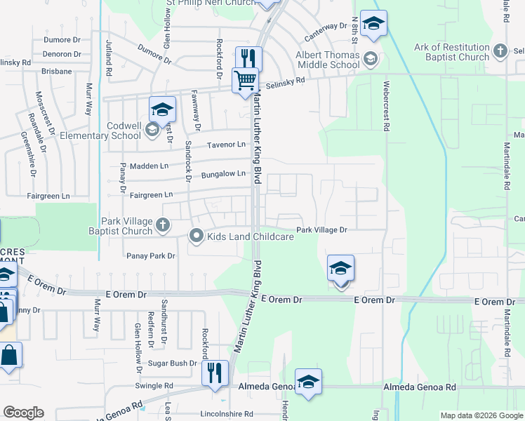 map of restaurants, bars, coffee shops, grocery stores, and more near 12059 Martin Luther King Boulevard in Houston