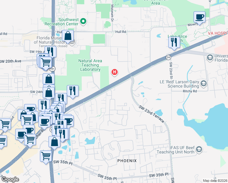 map of restaurants, bars, coffee shops, grocery stores, and more near 2719 Southwest Archer Road in Gainesville