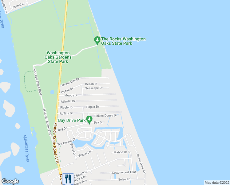 map of restaurants, bars, coffee shops, grocery stores, and more near 63 Moody Drive in Palm Coast
