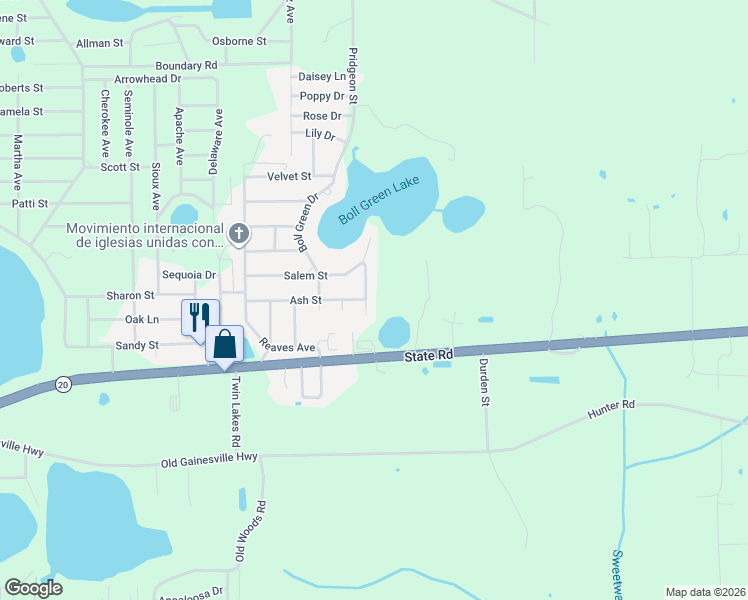 map of restaurants, bars, coffee shops, grocery stores, and more near 110 Ridgewood Avenue in Interlachen