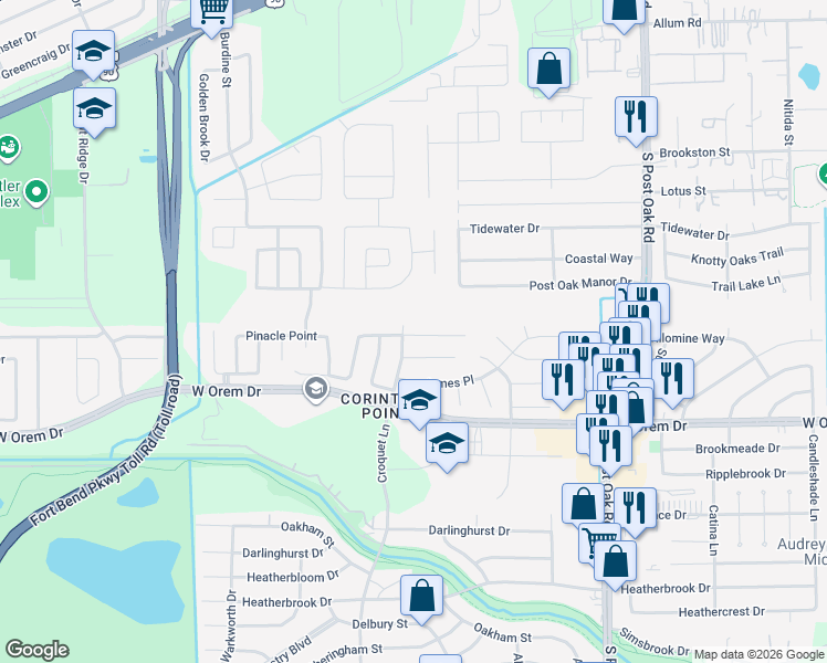 map of restaurants, bars, coffee shops, grocery stores, and more near 5918 Pinacle Point in Houston