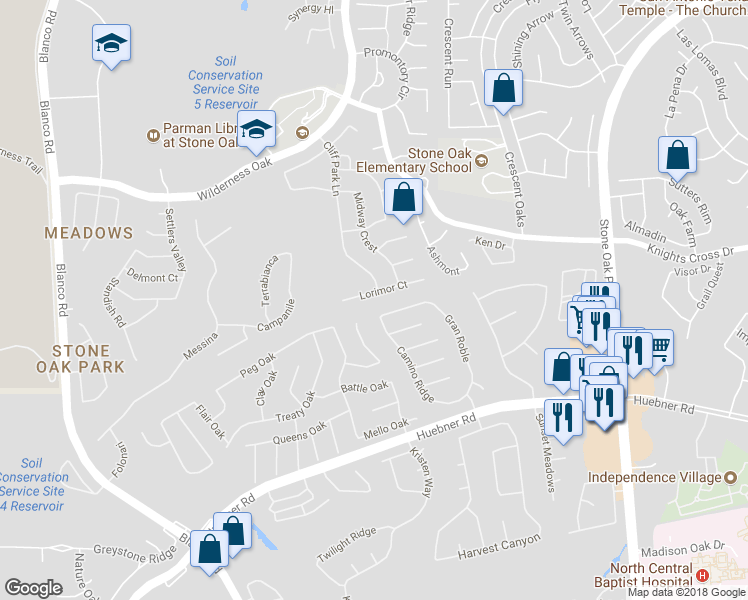 map of restaurants, bars, coffee shops, grocery stores, and more near 706 Lorimor Court in San Antonio