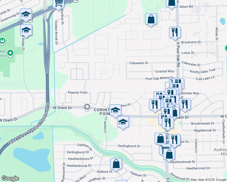 map of restaurants, bars, coffee shops, grocery stores, and more near 5918 Pinacle Point in Houston