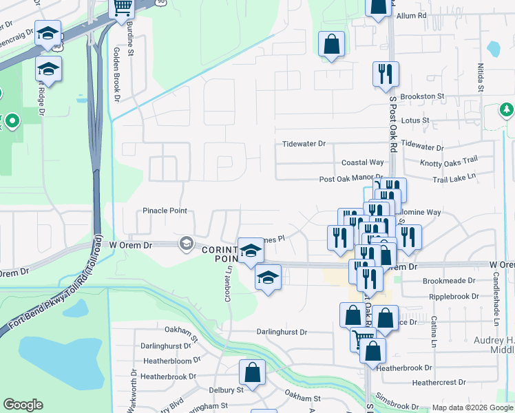 map of restaurants, bars, coffee shops, grocery stores, and more near 5918 Pinacle Point in Houston