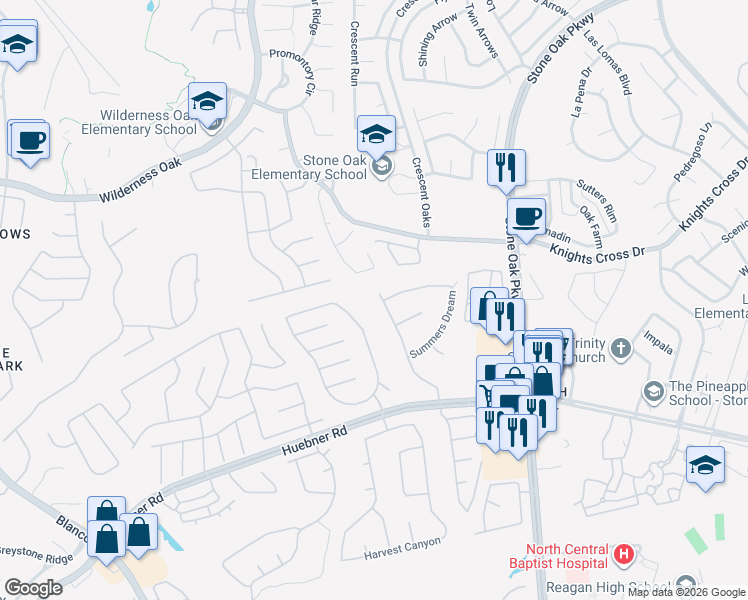 map of restaurants, bars, coffee shops, grocery stores, and more near 20511 Ashmont in San Antonio