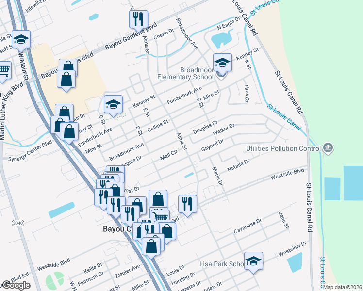 map of restaurants, bars, coffee shops, grocery stores, and more near 406 Douglas Drive in Houma