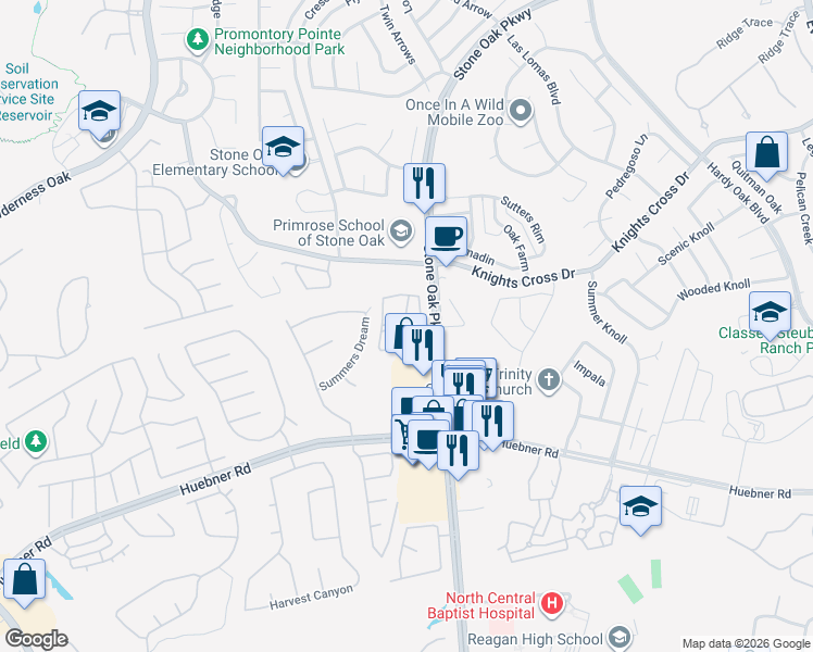 map of restaurants, bars, coffee shops, grocery stores, and more near 19275 Stone Oak Parkway in San Antonio
