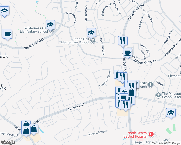 map of restaurants, bars, coffee shops, grocery stores, and more near 20511 Ashmont in San Antonio