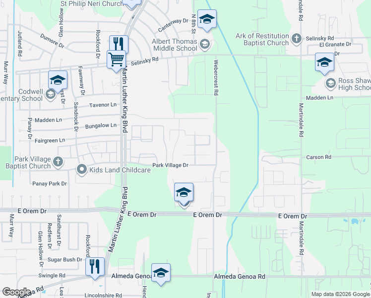 map of restaurants, bars, coffee shops, grocery stores, and more near 5611 Vision Lane in Houston