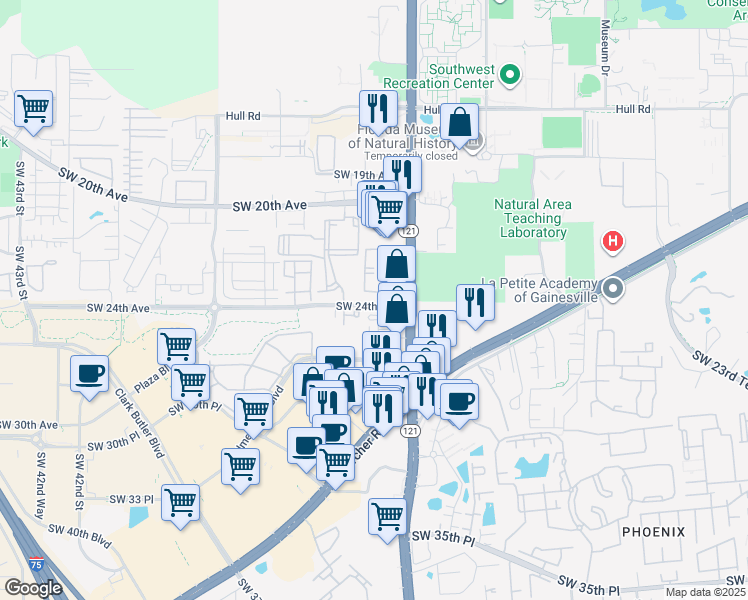 map of restaurants, bars, coffee shops, grocery stores, and more near 3466 Southwest 24th Avenue in Gainesville