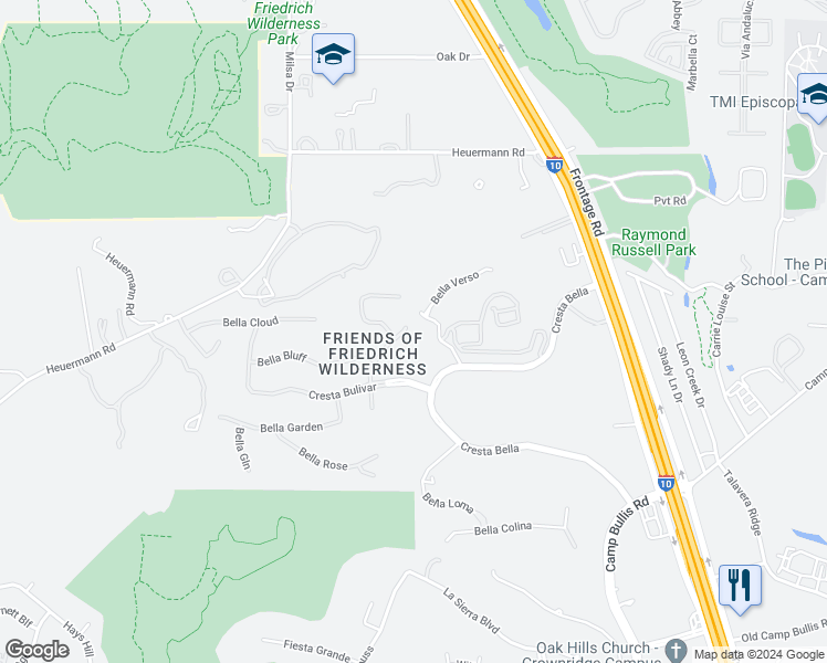 map of restaurants, bars, coffee shops, grocery stores, and more near 20218 Bella Glade in San Antonio